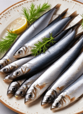 Heringe auf einem weißen Teller mit Zitrone und Dill garniert.